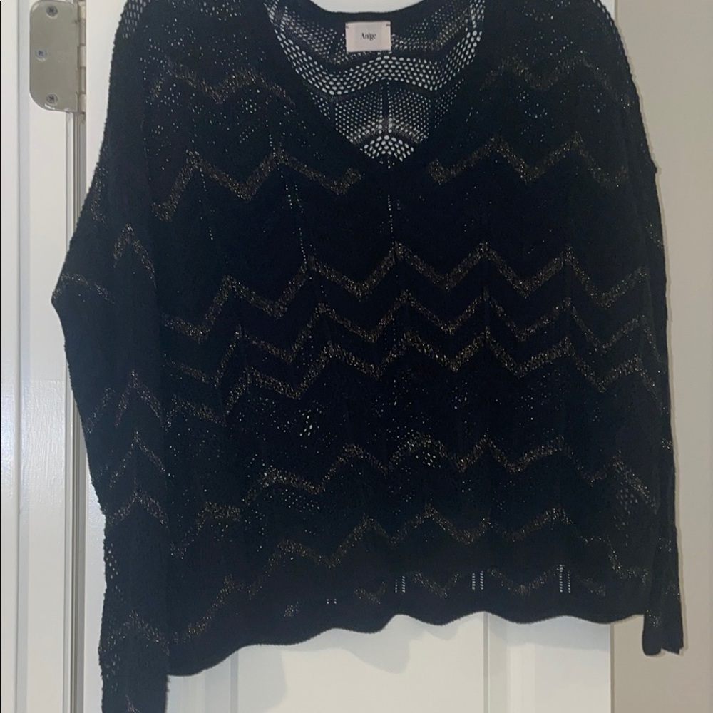 Maje Black and Gold V-Neck Sweater with Zigzag Design